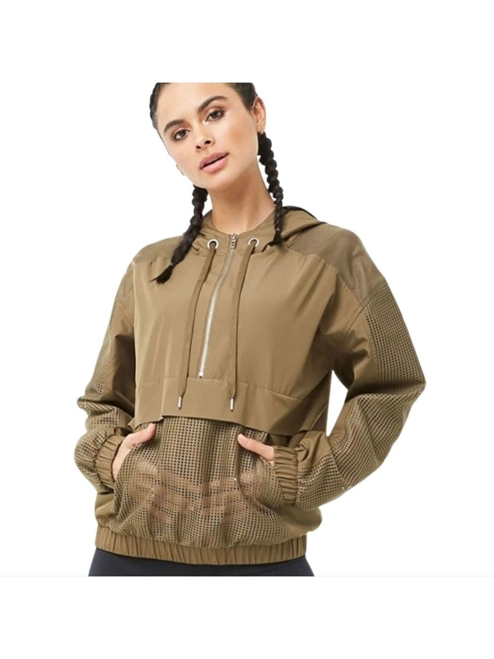 Forever 21 Olive Green Hooded Windbreaker Mesh Details Small